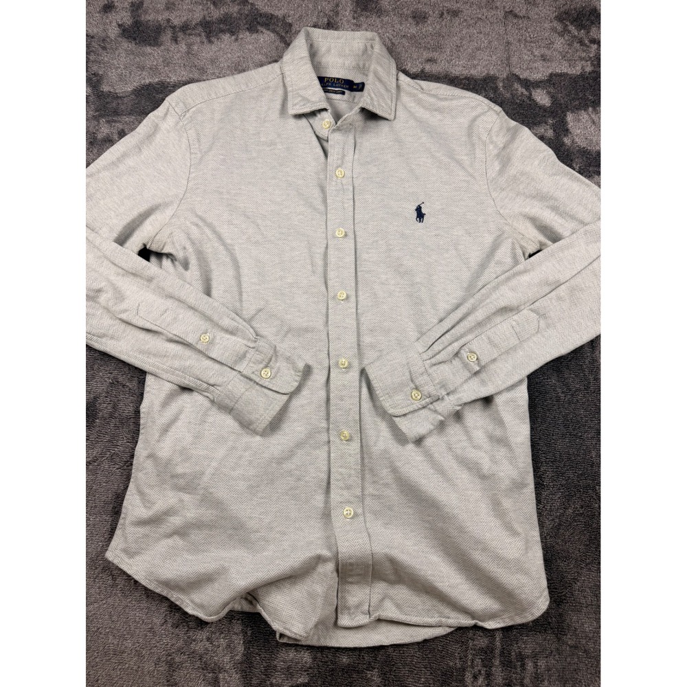 Polo Ralph Lauren Mens Grey Herringbone Knit Dress Shirt Long Sleeve Size M